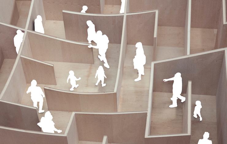 White shadows moving through a maze, an image on the cover of part 1 of WJP's access to justice graphical report 